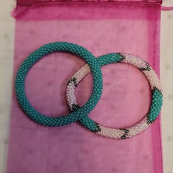 Set of 2 Sashka Turquoise & Turquoise/Pink/Silver Glass Beaded Bracelets - Picture 8 of 11